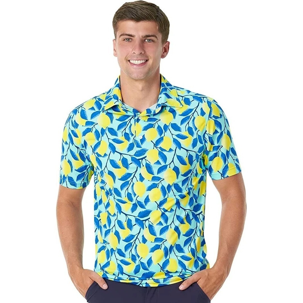 New Men`s Royal and Awesome Blue & Yellow Golf Shirt Performance Lemons Polo XL
